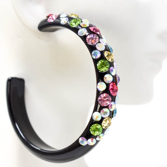 2.5" Light Multicolor Rhinestone Hoop Earrings - Picture 4 of 7